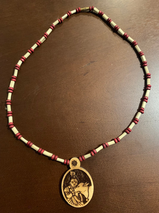 Red and Tulsi Neckbeads with Krishna Charm