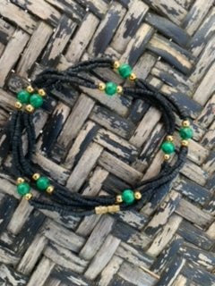 Handmade Black colored Tulasi Necklace with Semi Precious Stones- Malachite