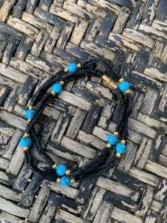 Handmade Black colored Tulasi Necklace with Semi Precious Stones- Turquoise